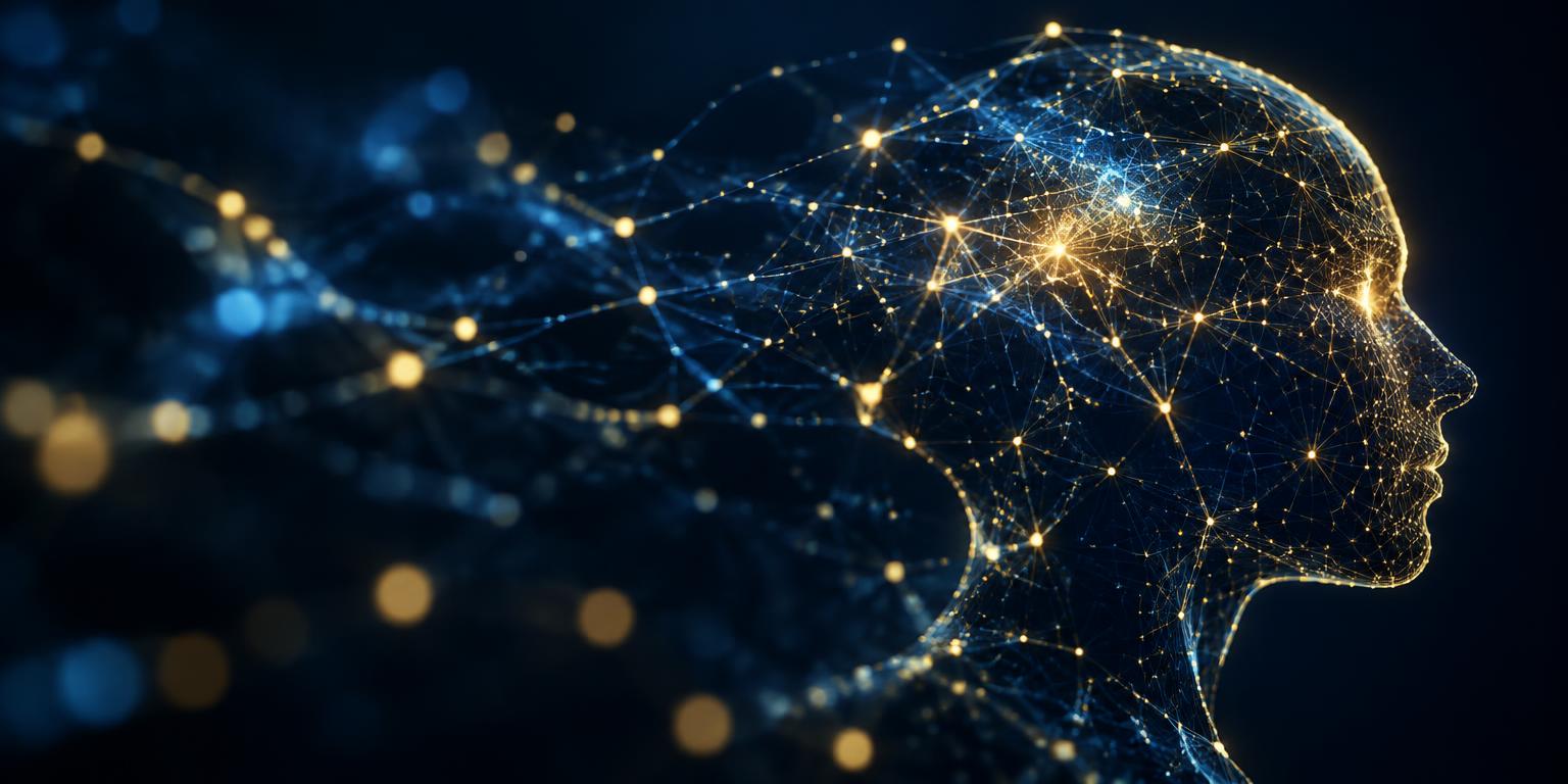 Futuristic AI neural network visualization in blue and gold